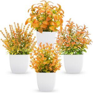 4 Pack Orange Fake Plants Mini Artificial Greenery Potted Plants for Home Decor